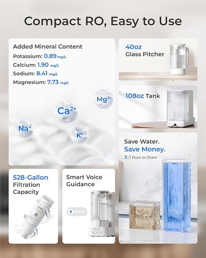 Waterdrop C2SL Reverse Osmosis Water Filter Countertop, Mineral RO System | 7-Stage RO Water Filtration System with Autofill Glass Pitcher, NSF/ANSI 372 Certified, 3:1 Pure to Drain, Compact Design