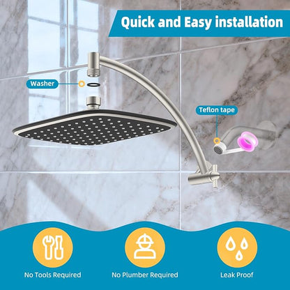 iFealClear Rain Shower Head with 12" Shower Extension Arm, 10" High Pressure Boosting Rainfall Showerhead, All Metal Shower Head Extender Adjustable Height/Angle, 1-Min Installation, Brushed Nickel