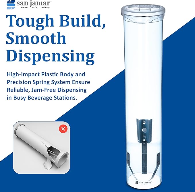 San Jamar Small Pull-Type Cup Dispenser Fits 3-4.5 Oz Cone Cups, 3-5 Oz Flat Cups with Flip Caps for Restaurants, Dining Halls, and Fast Food, Plastic, 16 Inches, Blue
