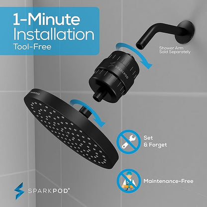 SparkPod Luxury Filtered Shower Head Set 23 Stage Shower Filter - Reduces Chlorine and Heavy Metals - High Pressure Showerhead Filter (8" Round, Midnight Black Matte)