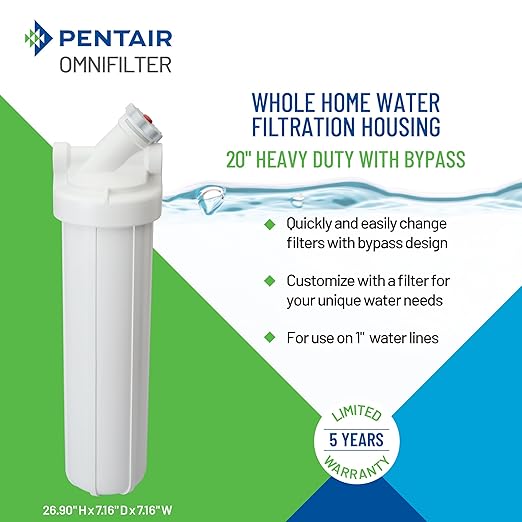 Pentair OMNIFilter Whole Home Valve-in-Head 20" Heavy-Duty Big Blue Water Filtration System with Pressure Relief, White/White
