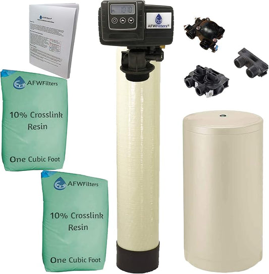AFWFilters 2 cubic Foot (64k) Whole Home Water Softener with Durable 10% Crosslink Resin, 1" Plastic MNPT Connection, and Almond Tanks
