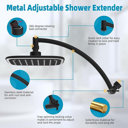 iFealClear Filtered Rain Shower Head with 12" Shower Extension Arm, 10" High-Pressure Boosting Rainfall Showerhead, Metal Shower Head Extender Adjustable Height/Angle, Easy to Install, Matte Black