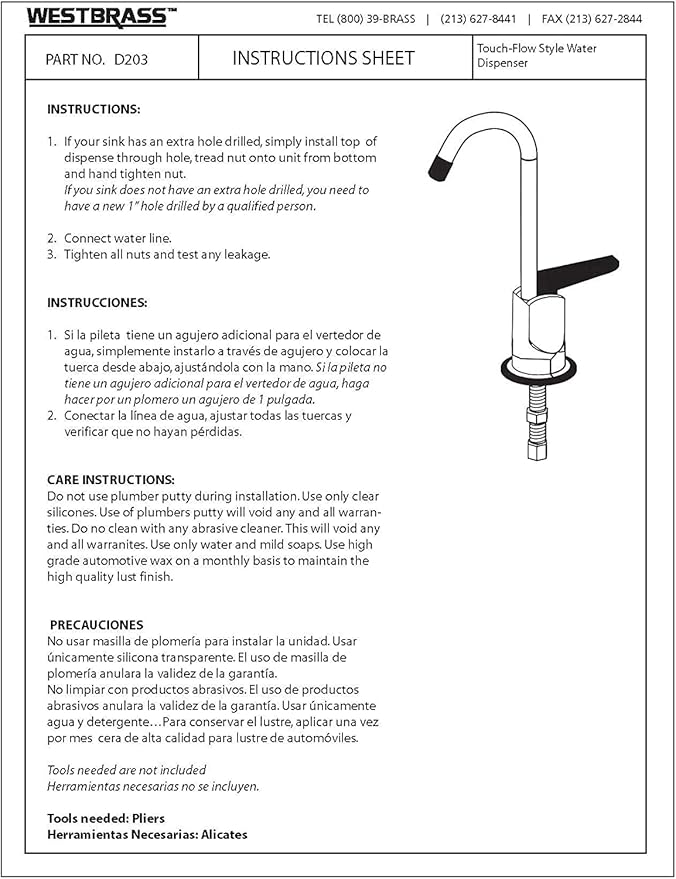 Westbrass R203-NL-07 6" Touch-Flo Style Pure Water Dispenser Faucet, Satin Nickel