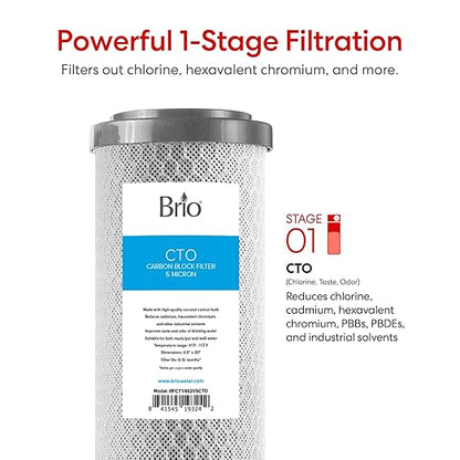 Brio Whole House Water Filter System w/Gauge & Fast-Flow CTO Carbon Block Filter 4.5" x 20" | Removes Dirt, Improves Taste & Protects Home Appliances | 900 GPH | 100,000 Gallons or 12 Months