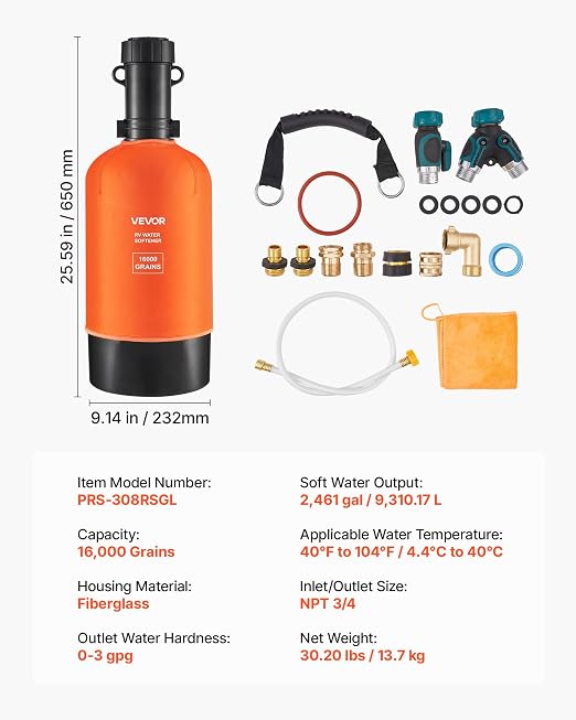 VEVOR RV Water Softener, 16,000 Grain, Portable Water Softener with Filter System, NPT 3/4" Fittings, Food-Grade Resin, Quick Connect, for RVs, Trailers, Boats, Mobile Car Washing, Pressure Washing