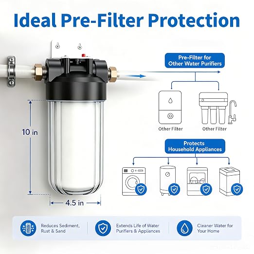 Whole House Water Filter Housing with Sediment Filter, 10"x4.5" Transparent Housing, Reduces Sediment, Rust, Dirt, Pre-Filtration System for City and Well Water, Included 1 Pack PP Filter, 2 Vavles