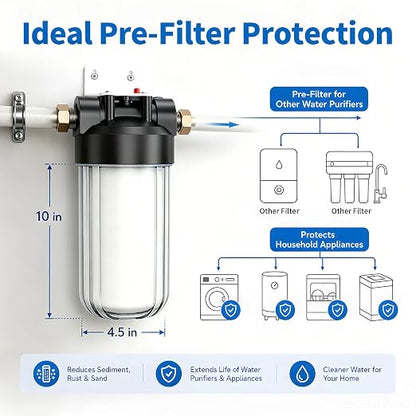 Whole House Water Filter Housing with Sediment Filter, 10"x4.5" Transparent Housing, Reduces Sediment, Rust, Dirt, Pre-Filtration System for City and Well Water, Included 1 Pack PP Filter, 2 Vavles