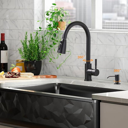 WOWOW Black Kitchen Faucet with Soap Dispenser, Stainless Steel Kitchen Sink Faucet, Matte Black Kitchen Faucet Single Handle High Arc Utility Sink Faucet for Sink, RV, Laundry, Bar