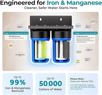 iSpring WGB21BM 2-Stage Whole House Water Filtration System, 10” x 4.5” Carbon Block and Iron & Manganese Reducing Filters, 1" Ports