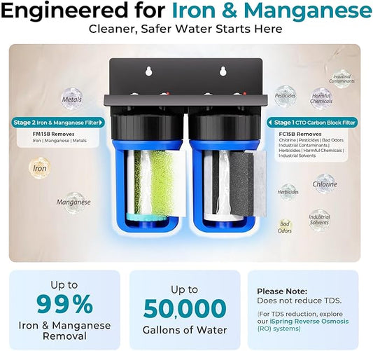 iSpring WGB21BM 2-Stage Whole House Water Filtration System, 10” x 4.5” Carbon Block and Iron & Manganese Reducing Filters, 1" Ports