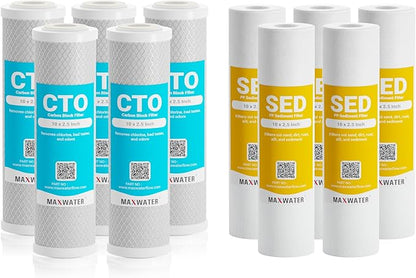 Max Water 5 Micron Replacement Water Filter Set 10” x 2.5” Sediment & Carbon Block (PP + CTO), 10 Pack