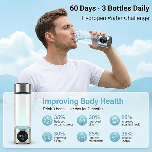 Upgrade Hydrogen Water Bottle, 16oz / 460ml Hydrogen Water Generator with SPE/PEM Tech, 5000PPB in 5 Min, Borosilicate Glass with LED Display, Rechargeable Leak-Proof Bottle for Gym, Office &Daily Use