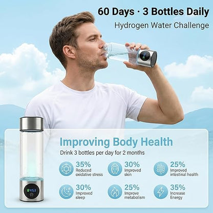 Upgrade Hydrogen Water Bottle, 16oz / 460ml Hydrogen Water Generator with SPE/PEM Tech, 5000PPB in 5 Min, Borosilicate Glass with LED Display, Rechargeable Leak-Proof Bottle for Gym, Office &Daily Use