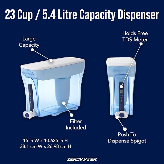 ZeroWater Official 5-Stage Water Filter for Replacement, NSF Certified to Reduce Lead, Other Heavy Metals and PFOA/PFOS, 4-Pack & ZD-018 ZD018, 23 Cup Water Filter Pitcher with Water Quality Meter
