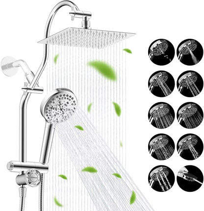 Hibbent cUPC Certified All Metal 8" Rainfall Showerhead Combo, High Pressure Shower Head with 10-Spray Mode Handheld, Innovative 4-way Diverter with Pause Mode, 71'' Shower Hose and Holder, Chrome