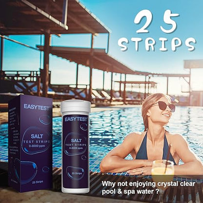 Saltwater Pool Test Strips, Swimming Pool and Spa Salt Test Strips Kit for Sodium Chloride Content 0-8000 ppm, 25 Count