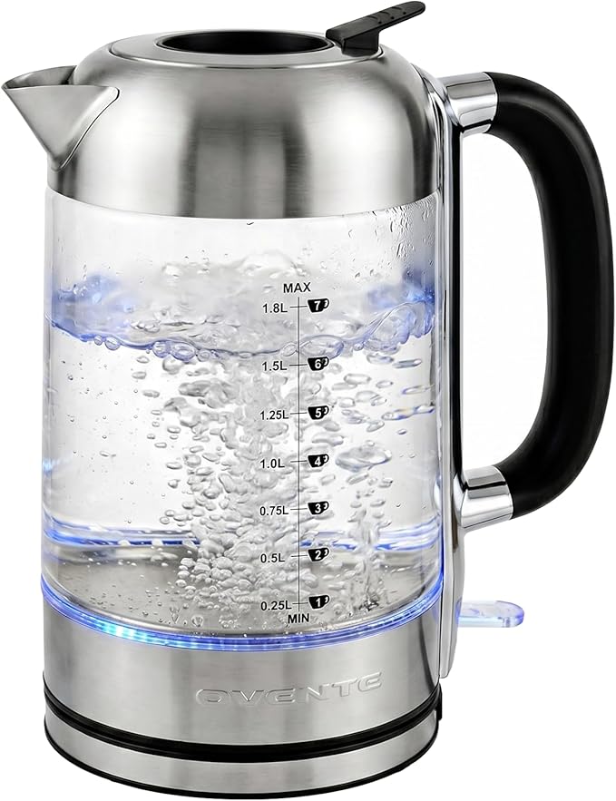 OVENTE Electric Kettle, 1.8L Tea Kettle and Hot Water Boiler For Coffee or Tea, Easy to Fill Lid, Auto Shut-Off, Borosilicate Glass with Stainless Steel Filter, 1500W, BPA Free, Silver KG71S