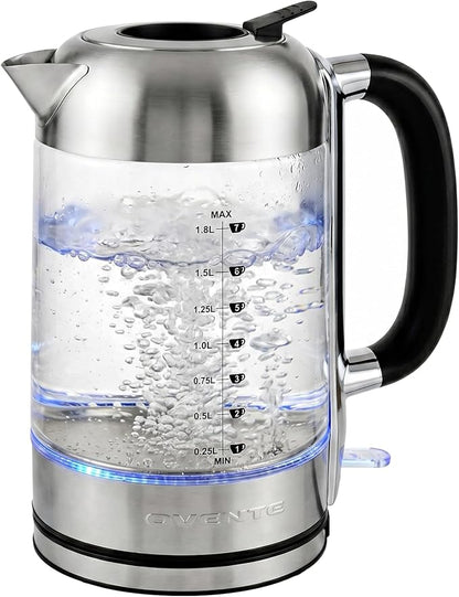 OVENTE Electric Kettle, 1.8L Tea Kettle and Hot Water Boiler For Coffee or Tea, Easy to Fill Lid, Auto Shut-Off, Borosilicate Glass with Stainless Steel Filter, 1500W, BPA Free, Silver KG71S