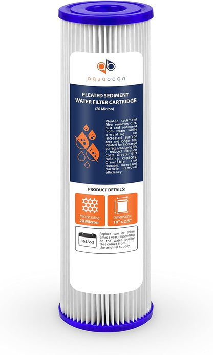 Aquaboon 20 Micron Pleated Sediment Filter Cartridge 10" x 2.5" Whole House Water Filter Replacement Compatible with WFPFC3002, WHKF-WHPL, 6-Pack