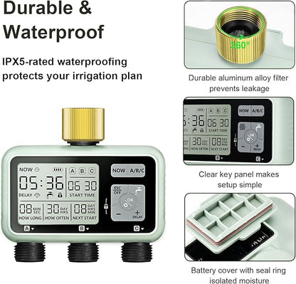 Watering Timer 3 Zone with Brass Inlet, Sprinkler Timer, Programmable Garden Outdoor Hose Faucet Timers with Rain Delay, Auto & Manual Watering System,Water Hose Irrigation Timers 3 Outlet for Garden