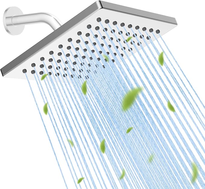 Hibbent cUPC Certified Thickness Metal Rain Shower Head, 6 Inch High Pressure Shower Head, Square Bathroom Waterfall Shower Heads, High Flow Fixed Showerheads with Adjustable Brass Ball Joint, Chrome