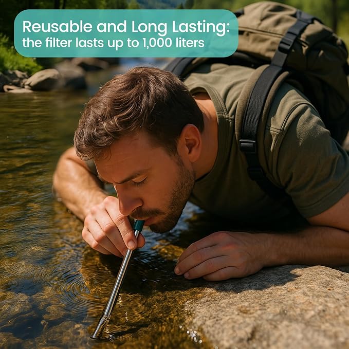 Sursip Stainless Steel Water Filter Straw | Reusable Personal Water Purifier, Outdoor Emergency Survival Gear for Camping Hiking Backpacking - 1 Pack