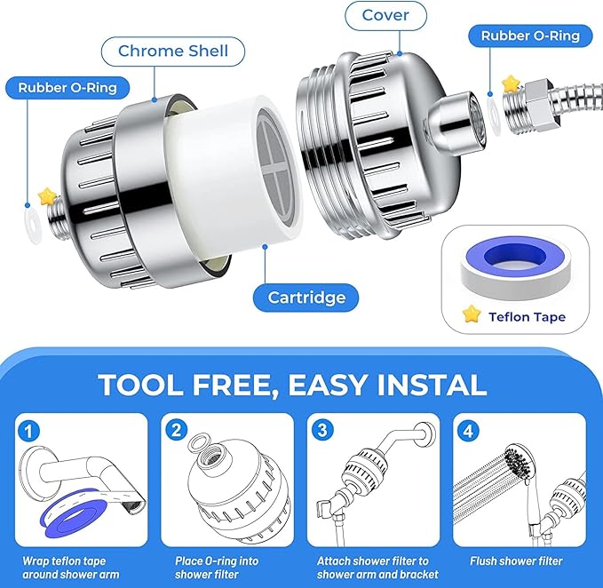 Shower Filter 20 Stage Showerhead Filter for Hard Water with 2 Replaceable Cartridges for Removing Chlorine Fluoride, Polished Chrome