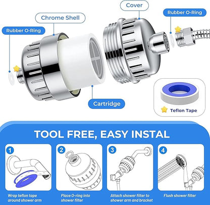 Shower Filter 20 Stage Showerhead Filter for Hard Water with 2 Replaceable Cartridges for Removing Chlorine Fluoride, Polished Chrome