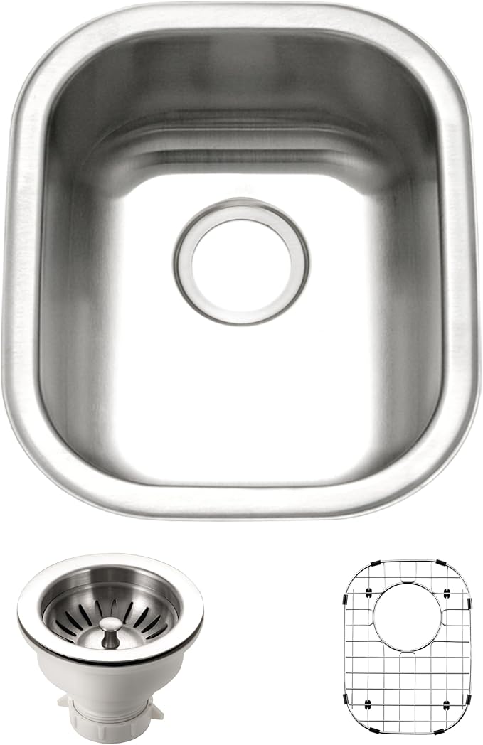 Houzer Club Stainless Steel Kitchen Bar & Prep Sink: 14 Inch Undermount Medium Sink with Strainer & Bottom Grid, Durable & Versatile, Essential for Home & Apartment: CS-1407-C