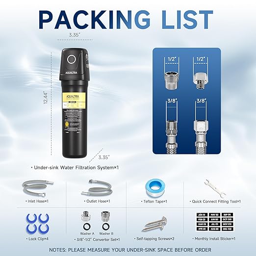 AQUALTRA USF01-BK Under Sink Water Filter System, 12K Gal, NSF/ANSI 372/CAN Certified, Reduces PFOA, PFOS, Chlorine, Lead, Mercury, Chloramine, Fluoride, Microplastics Particles, Bad Taste & Odor