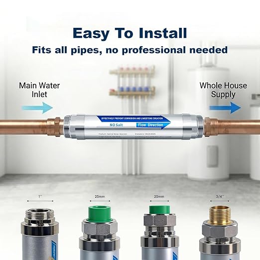 Salt-Free Water Softener, Water Descaler Whole House System, Physical Scale Inhibitor for Hard Water, Preserves Minerals, 3/4" NPT Inline Filter for Pipes, Heaters & Appliances