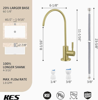 KES RO Faucet Water Filter Faucet Non-Air-Gap Drinking Water Beverage Faucets for Reverse Osmosis Systems Filtration System 304 Stainless Steel Brushed Gold, Z504CLFF18-BZ