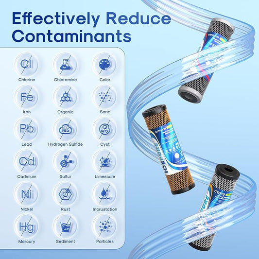 ICEPURE 3-Stage 2.5" x 10" Whole House CTO Activated Carbon Water Filter Set, Activated Carbon Block, KDF Cartridge and Upgraded Activated Carbon Heavy Metal Remove Filter Replacement Kit, Pack of 1