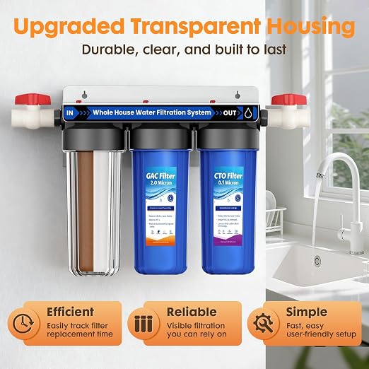 Whole House Water Filter System for Well Water,3-Stage Whole Home Water Filtration System,Reduces Taste & Sediment,Chlorine,for Cleaner Water, Includes 3 Sets Filters (2 Years Supply), 2 Valves, 3/4”