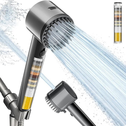 Cobbe Filtered Shower Head with Handheld, High Pressure 5 Spray Mode Showerhead with Filters, Built-in Power Wash for Hard Water, Gray