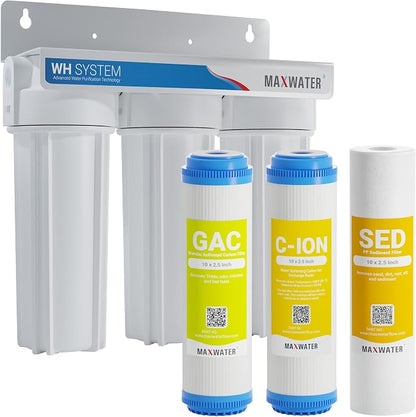 Max Water 3 Stage Water Softening10 inch Standard Water Filtration System for Whole House - Sediment + Cation Resin + GAC - ¾ Inlet/Outlet - Model : WH-SW2