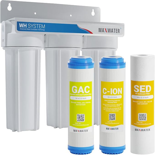 Max Water 3 Stage Water Softening10 inch Standard Water Filtration System for Whole House - Sediment + Cation Resin + GAC - ¾ Inlet/Outlet - Model : WH-SW2