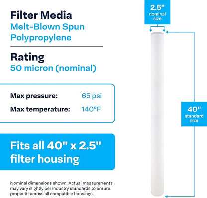 SpiroPure SP-P50-40 40x2.5 50 Micron Spun Melt-Blown Polypropylene Sediment Water Filter Cartridge SDC-25-4050 (Case of 20)