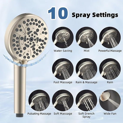All Metal Rain Shower Head, 8” High Pressure Rainfall Shower Head with Handheld Spray, 5" Large Handheld Showerhead Powerful Clean 10-Mode, 16" Stainless Steel Adjustable Extension Arm, Brushed Nickel