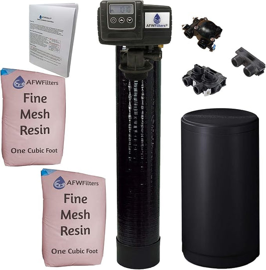 AFWFilters 2 cubic Foot (64k) Whole Home Iron Pro Water Softener with Fine Mesh Resin,1" Plastic MNPT Connection, and Black Tanks