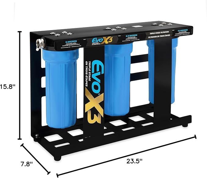 Camco Evo X3 Triple Stage Premium RV Water Filter Kit — Travel Accessory for Clean, Great-Tasting Water — Superior 0.2-Micron Filtration — Carbon Water Filter Removes Viruses, Bacteria, etc.