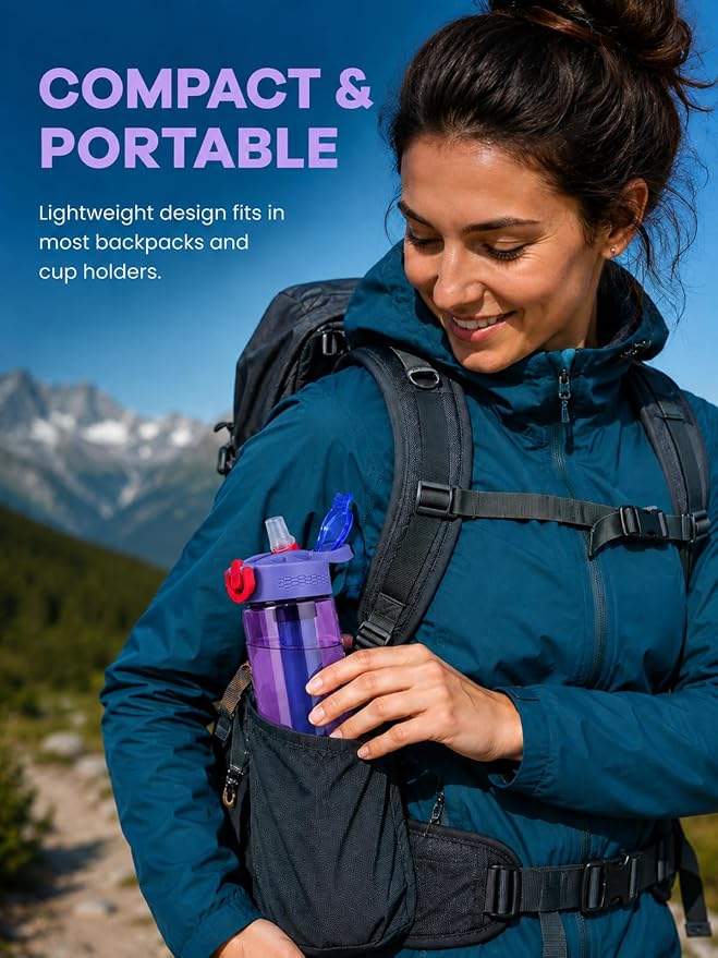 22oz Water Filter Bottle, Portable Outdoor Filtered Water Bottle with Multi-Layer Filtration, Improves Taste & Reduces Odor, BPA-Free Reusable Bottle for Hiking, Camping & Travel (Purple)