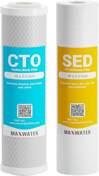 Max Water 5 Micron Replacement Water Filter Set 10” x 2.5” Sediment & Carbon Block (PP + CTO), Set of 2 for Standard RO & Whole House Water Systems
