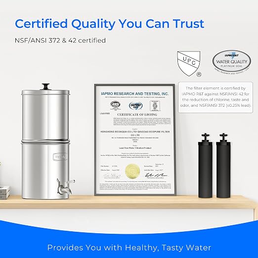 Waterdrop TK-AB Gravity Water Filter System with Silver Ions Filtration | NSF/ANSI 42&372 Standard, Reduces Chlorine, Stainless-Steel System with 2 Black Carbon Filters, 2.25G