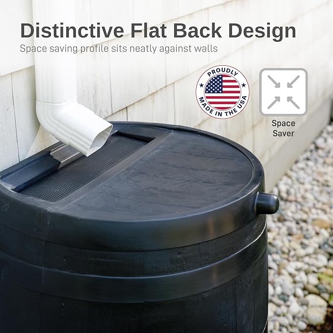 RTS Home Accents 50-Gallon ECO Rain Barrel Made with 100% Recycled Plastic, Flat Back Rain Water Collection Barrel, Black