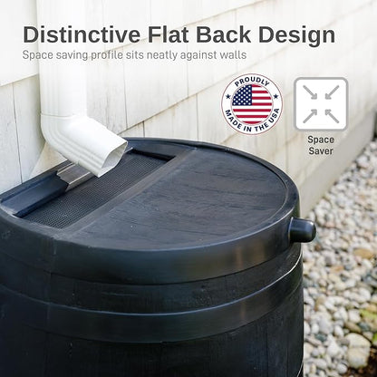 RTS Home Accents 50-Gallon ECO Rain Barrel Made with 100% Recycled Plastic, Flat Back Rain Water Collection Barrel, Black