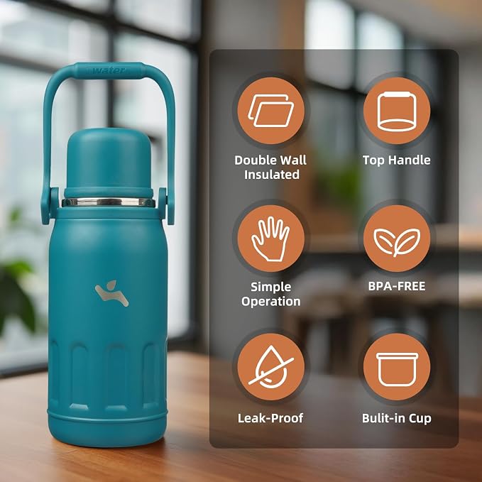 Konokyo Insulated Water Bottle with Handle and Strap,Vacuum Travel Tumbler with Cup Lid,Thermo Coffee Cup for Hot Cold Drinks 27 OZ,Lake Blue