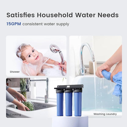 Waterdrop WHF3T-PG 3-Stage Whole House Water Filter System, 5 Micron | Highly Reduces Lead, Chlorine, Odor and Taste, 7-Stage Filtration, with Carbon Filter & Sediment Filter, 1" Inlet/Outlet