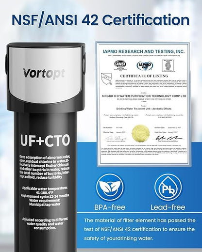 Vortopt Q5-UF Under Sink Water Filter System – 0.01μm Ultrafiltration, 24,000-Gallon Capacity, Reduces PFAS, Lead & Chlorine, Under-Counter Water Purifier